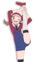  1girl ;d blue_overalls brown_eyes brown_hair cabbie_hat creatures_(company) game_freak hat highres leg_up long_sleeves looking_at_viewer lyra_(pokemon) nintendo one_eye_closed open_mouth overalls pokemon pokemon_hgss pumpkinpan red_footwear red_shirt shirt shoes sleeves_past_elbows smile solo split standing standing_on_one_leg standing_split teeth thighhighs twintails upper_teeth_only white_background white_hat white_thighhighs  rating:Sensitive score:9 user:danbooru