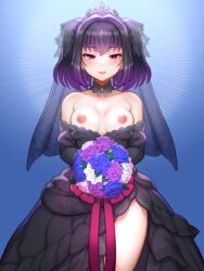  1girl absurdres black_dress blush bouquet braid breasts breasts_out bridal_gauntlets bridal_veil bride dress flower folks_(nabokof) highres holding holding_bouquet looking_at_viewer mole mole_under_eye purple_eyes purple_hair smile solo strapless strapless_dress symonne_(tales) tales_of_(series) tales_of_zestiria twintails veil wedding_dress 