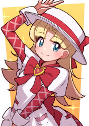  1girl arm_up ashita_no_nadja blonde_hair blue_eyes bow bowtie brooch commentary commentary_request cowboy_shot dress english_commentary frilled_dress frills hat hat_ribbon heart heart_brooch highres jewelry long_hair long_sleeves looking_to_the_side mixed-language_commentary nadja_applefield parted_bangs red_bow red_bowtie ribbon smile solo sparkle umenodo 