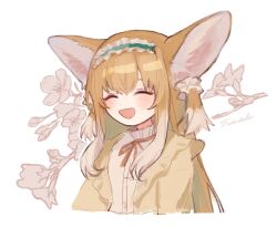  1girl :d animal_ears arknights blonde_hair blush branch brown_ribbon closed_eyes collared_shirt commentary cropped_torso facing_viewer fox_ears fox_girl hairband highres jacket long_hair long_sleeves neck_ribbon open_clothes open_jacket open_mouth ribbon shirt sidelocks signature simple_background smile solo straight_hair sutoa suzuran_(arknights) symbol-only_commentary white_background white_hairband white_shirt yellow_jacket 