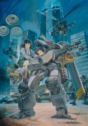  1980s_(style) 1boy 1girl aircraft armor armored_vehicle building cannon character_request cityscape cyberpunk damaged dirty gun helicopter highres machine_gun madox-01 mecha metal_skin_panic_madox-01 military_vehicle motor_vehicle official_art oldschool parachute police power_armor production_art promotional_art realistic retro_artstyle robot scan takani_yoshiyuki tank traditional_media turret weapon 
