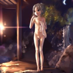 1girl :d bad_id bad_pixiv_id barefoot brown_hair cleft_of_venus crescent_moon facing_viewer flat_chest full_body groin loli looking_away moon navel night nipples nude open_mouth original outdoors petite pussy short_hair skinny small_areolae small_nipples smile solo standing thigh_gap towel uncensored walking water waterfall yamada_(gotyui) rating:Explicit score:367 user:danbooru