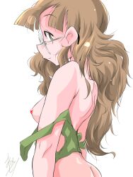  1girl alternate_hairstyle artist_name azechi_kiyochi back breasts brown_eyes brown_hair butt_crack closed_mouth from_side girls_und_panzer glasses green_tank_top hair_down highres long_hair looking_at_viewer messy_hair nipples oono_aya signature simple_background small_breasts smile solo strap_slip tank_top upper_body white_background  rating:Questionable score:10 user:danbooru
