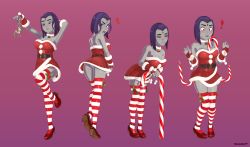 1girl absurdres ankle_strap blue_hair breasts candy candy_cane christmas cleavage dc_comics dress food high_heels highres mistletoe raven_(dc) red_footwear shoes short_hair skuddbutt solo strappy_heels striped_clothes striped_thighhighs teen_titans thighhighs rating:Sensitive score:78 user:twilight_jester