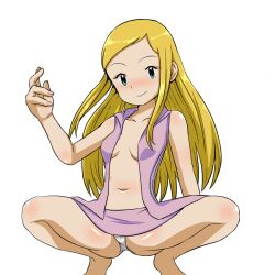  1girl blonde_hair blush breasts digimon digimon_frontier green_eyes long_hair looking_at_viewer medium_breasts orimoto_izumi panties small_breasts smile solo spread_legs underwear  rating:Questionable score:2 user:Chaos11