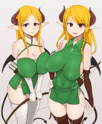  2girls :d abubu arrow_(projectile) bare_shoulders blonde_hair blush boots bow_(weapon) braid breasts brown_gloves brown_legwear cleavage elbow_gloves covered_erect_nipples gloves hand_on_own_hip horns large_breasts looking_at_viewer multiple_girls open_mouth original panties pointy_ears quiver red_eyes side-tie_panties smile tail thigh_boots thighhighs underwear weapon white_gloves white_legwear white_panties wings  rating:Sensitive score:95 user:danbooru