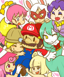  1boy 6+girls animal_ears blonde_hair blunt_bangs blush bob_cut bombette bow bow_(paper_mario) breasts brown_eyes brown_hair buttons cleavage closed_eyes collarbone colored_skin curly_hair drill_hair facial_hair fang flurrie gloves goombella green_hair grey_eyes hair_bow hair_ribbon harem hat heart jewelry lips lipstick long_hair luvbi makeup mario mario_(series) marisu mask mouse_ears ms._mowz multiple_girls mustache necklace nintendo nose one_eye_closed open_mouth overalls paper_mario paper_mario:_the_thousand_year_door paper_mario_64 parted_bangs personification pink_hair ponytail purple_eyes purple_hair ribbon shadow_siren shoes short_hair sidelocks simple_background super_paper_mario suspenders teeth tongue vivian_(paper_mario) white_hair white_skin wings wink yellow_eyes |_|  rating:Sensitive score:28 user:danbooru