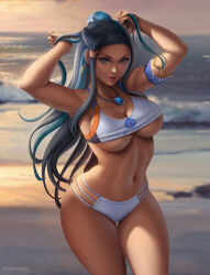  1girl abs alternate_breast_size alternative_body_build armpits artist_logo beach_background blue_and_black_hair blue_eyes breasts cleavage collar creatures_(company) curvy dark-skinned_female dark_skin deviantart earrings female_focus flowerxl game_freak hair_bun jewelry large_breasts long_hair looking_at_viewer navel necklace nessa_(pokemon) nintendo outdoors panties pink_lips pokemon pokemon_ss shirt shorts solo standing sunset tank_top thick_thighs thigh_gap thighs underboob underwear watermark web_address white_panties wide_hips 