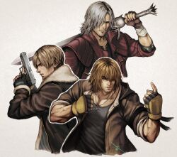  3boys bandaged_arm bandages black_shirt blonde_hair brown_coat brown_gloves brown_hair brown_jacket capcom clenched_hand closed_mouth coat collarbone commentary company_connection cropped_torso dante_(devil_may_cry) devil_may_cry_(series) devil_may_cry_5 ericson_blum facial_hair fingerless_gloves fur-trimmed_coat fur_trim gloves grey_hair gun hair_over_one_eye handgun highres holding holding_gun holding_sword holding_weapon jacket jewelry ken_masters leon_s._kennedy male_focus medium_hair morikawa_toshiyuki multiple_boys necklace parted_lips red_jacket resident_evil resident_evil_4 resident_evil_4_(remake) reuben_langdon shirt short_hair simple_background street_fighter sword weapon white_background 