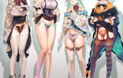  4girls absurdres aia_amare aia_amare_(1st_costume) black_jacket black_panties blue_nails bow bow_panties bra braid breasts cardigan ceres_fauna ceres_fauna_(jirai_kei) cleft_of_venus clothes_lift crotchless crotchless_pantyhose feet_out_of_frame female_focus finana_ryugu finana_ryugu_(2nd_costume) finger_to_mouth fingernails frilled_panties frills garter_belt green_panties grey_hair groin head_out_of_frame highres hololive hololive_english huge_filesize jacket kuroi_suna lace lace-trimmed_skirt lace_trim large_breasts legs_together lifted_by_self long_hair long_sleeves lower_body millie_parfait multiple_girls nail_polish nijisanji nijisanji_en open_cardigan open_clothes orange_cardigan panties pantyhose parted_lips pink_nails plaid plaid_skirt shirt short_hair shushing side-tie_panties skirt skirt_lift standing striped_clothes striped_thighhighs suspender_pantyhose suspender_skirt suspenders thigh_strap thighhighs underwear virtual_youtuber white_pantyhose white_shirt white_thighhighs 