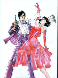  1980s_(style) 1boy 1girl arm_up ass bare_shoulders blue_eyes bow bowtie bracelet breasts brown_eyes brown_hair city_hunter cleavage curly_hair dancing dress elbow_gloves gloves gun handgun high_heels holding houjou_tsukasa jewelry looking_at_viewer official_art oldschool open_mouth pants python_.357_magnum retro_artstyle revolver saeba_ryou scarf short_hair simple_background smile spiked_hair standing strapless strapless_dress tsugihara_maiko tuxedo weapon white_background 