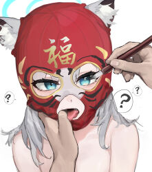 1boy 1girl ? animal_ears blue_archive blue_eyes finger_in_another&#039;s_mouth grey_hair halo maqin mask shiroko_(blue_archive) short_hair tongue tongue_out upper_body white_background wolf_ears