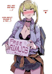 1girl bag black_bra blonde_hair blush bra breasts cleavage free_rimjob hard-translated highres jewelry large_breasts licking_lips necklace oosawara_sadao original school_bag sign skirt third-party_edit tongue tongue_out translated twintails underwear rating:Explicit score:86 user:ultrablue