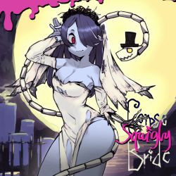 1girl bare_shoulders blue_skin breasts cleavage colored_skin dress hair_over_one_eye highres red_eyes skullgirls squigly_(skullgirls) stitched_mouth stitches thighs wedding_dress zombie