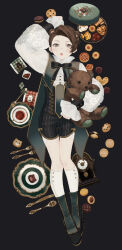  1boy animal_ears arm_up bear_boy bear_ears blush boots bow bowtie brown_hair clock commentary cookie cup food fork high_heel_boots high_heels highres kneehighs knife long_sleeves looking_at_viewer lying macaron mege_(megechan) on_back open_mouth original plate short_hair socks spoon stuffed_animal stuffed_toy tea teacup tongue translated 