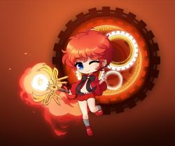  1boy blue_eyes cloak fire maplestory one_eye_closed red_briefs red_cloak red_footwear red_hair shota solo wink wizard  rating:Questionable score:1 user:xxme1546