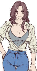  2girls breasts brown_eyes brown_hair character_request cleavage denim hand_on_own_hip highres jeans large_breasts looking_at_viewer medium_hair multiple_girls pants smile solo sweater unbuttoned unbuttoned_shirt yasunososaku 