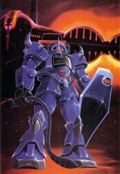  1970s_(style) 1980s_(style) aircraft desert dusk gaw gouf gundam looking_at_viewer magazine_scan mecha mobile_suit mobile_suit_gundam no_humans official_art oldschool one-eyed ookawara_kunio painting_(medium) red_eyes retro_artstyle robot scan science_fiction shield shoulder_spikes spikes thrusters traditional_media whip 