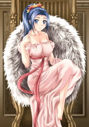 1girl barefoot blue_eyes blue_hair blush breasts chair cleavage dress matching_hair/eyes nefertari_vivi one_piece princess sitting smile solo rating:Sensitive score:39 user:Furio