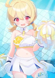  1girl ahoge blonde_hair blue_archive breasts collar criss-cross_halter detached_collar gloves halterneck highres holding holding_pom_poms kotori_(blue_archive) kotori_(cheer_squad)_(blue_archive) large_breasts looking_at_viewer low_twintails millennium_cheerleader_outfit_(blue_archive) navel official_alternate_costume open_mouth pom_pom_(cheerleading) pom_poms red_eyes short_hair smile solo thigh_strap twintails white_collar white_gloves yunosuke_kon 