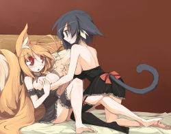  2girls animal_ears bad_id bad_pixiv_id barefoot bed black_eyes black_hair blonde_hair blush bow grabbing_another&#039;s_breast breasts breasts_out cat_ears cat_tail endou_chihiro fox_ears fox_tail garter_straps grabbing holding_hands highres kuu_(endou_chihiro) large_breasts bridal_garter lingerie long_hair multiple_girls nana_(endou_chihiro) original pillow red_eyes short_hair single_thighhigh tail thighhighs underwear very_long_hair yuri  rating:Questionable score:26 user:Nheat