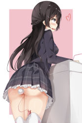 1girl 7gao :d anal_tail animal_ears black_hair black_jacket black_skirt blazer blush braid butt_plug computer cowboy_shot discreet_vibrator drooling egg_vibrator fake_animal_ears fake_tail female_focus french_braid frilled_skirt frills from_behind hair_ornament hairclip heart highres jacket laptop long_hair long_sleeves nijisanji no_panties object_insertion open_mouth outside_border pink_background plaid plaid_skirt pleated_skirt profile purple_eyes pussy_juice rabbit_tail sex_toy sideways_mouth simple_background skirt smile solo standing tail tareme thighhighs tsukino_mito tsukino_mito_(1st_costume) upskirt vaginal vaginal_object_insertion very_long_hair vibrator vibrator_in_thighhighs virtual_youtuber white_thighhighs rating:Explicit score:76 user:danbooru