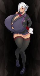  1girl alternate_color alternate_hair_color alternate_skin_color black_background black_jacket black_shirt black_thighhighs breasts button_gap buttons candy cleavage dark-skinned_female dark_skin earrings food gigantic_breasts grin hair_ornament hairpin highres holding holding_candy holding_food holding_lollipop holding_notebook jacket jewelry kitakoji_hisui kloah layered_clothes layered_sleeves lollipop looking_at_viewer miniskirt neck_ribbon nijisanji notebook open_mouth purple_ribbon purple_shirt red_eyes ribbon school_uniform shirt shoes short_hair skindentation skirt smile solo striped_ribbon tan teeth thick_thighs thighhighs thighs virtual_youtuber white_hair zettai_ryouiki  rating:Sensitive score:28 user:Mikofag
