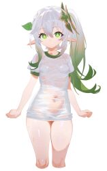  1girl bra bra_visible_through_clothes breasts cropped_legs cross-shaped_pupils genshin_impact gradient_hair green_eyes green_hair grey_hair hair_ornament highres lcy_bingzi leaf_hair_ornament long_hair looking_at_viewer multicolored_hair nahida_(genshin_impact) panties panties_visible_through_clothes pointy_ears see-through see-through_shirt shirt short_sleeves side_ponytail small_breasts solo symbol-shaped_pupils underwear white_bra white_panties white_shirt  rating:Sensitive score:101 user:danbooru