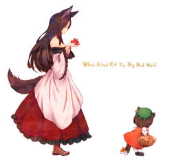  2girls animal_ears apple bare_shoulders basket boots brooch brown_eyes brown_hair cat_ears cat_girl cat_tail chen child english_text food from_side fruit full_body hat imaizumi_kagerou jewelry little_red_riding_hood long_hair multiple_girls multiple_tails nekomata short_hair simple_background skirt standing tail terrajin text_focus touhou two_tails white_background wolf_ears wolf_tail  rating:General score:27 user:danbooru