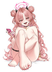  1girl alphy barefoot black_choker blue_archive blush breasts cellphone choker collarbone completely_nude double_bun earrings fake_horns fangs fingernails hair_bun halo highres holding holding_phone horns jewelry kirara_(blue_archive) large_breasts long_fingernails long_hair nail_polish necklace nude open_mouth phone pink_eyes pink_hair pink_halo red_nails simple_background smartphone smile solo thigh_strap toes white_background 
