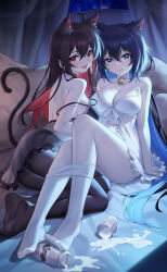  2girls absurdres animal_ear_fluff animal_ears babydoll bell belt_collar black_babydoll black_hair black_pantyhose blue_hair breasts cat_ears cat_girl cat_tail cleavage clothes_pull collar collarbone colored_inner_hair dual_persona extra_ears hand_on_another&#039;s_stomach highres honkai_(series) honkai_impact_3rd jingle_bell kemonomimi_mode large_breasts licking_lips long_hair looking_at_viewer multicolored_hair multiple_girls neck_bell pantyhose pantyhose_pull purple_hair red_hair seele_(alter_ego) seele_vollerei selfcest shenqi_xiao_hong_zai_nali spilled_milk strap_slip suggestive_fluid tail tongue tongue_out two-tone_hair white_babydoll white_pantyhose yuri  rating:Questionable score:51 user:danbooru