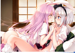 2girls absurdres animal_ears ass black_hairband bloomers bloomers_around_one_leg blue_eyes blush bottomless breasts dress_shirt face-to-face fusuma girl_on_top hair_ribbon hairband highres holding_hands imminent_kiss interlocked_fingers ke-ta konpaku_youmu large_breasts long_hair looking_at_another multiple_girls naked_shirt nipples no_bra non-web_source open_clothes open_skirt page_number partially_translated pillow pink_hair puffy_sleeves purple_hair rabbit_ears rabbit_tail red_eyes reisen_udongein_inaba ribbon shirt short_hair skirt sliding_doors small_breasts tail tongue tongue_out touhou translation_request underwear white_bloomers white_hair white_shirt yuri rating:Questionable score:71 user:danbooru