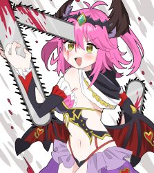  1girl :d antenna_hair bare_shoulders blood blood_on_face bloody_weapon blush chainsaw chainsaw_man commentary_request cowboy_shot demon_girl demon_horns demon_wings detached_sleeves eden&#039;s_ritter_grenze frilled_sleeves frills hand_up heart heart-shaped_pupils highres horns irvina medium_hair navel nemu_milk open_mouth panties parody pink_hair smile smug solo string_panties symbol-shaped_pupils tiara two_side_up underwear upturned_eyes v-shaped_eyebrows weapon wings yellow_eyes 
