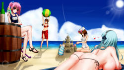  4girls ball barrel beach blue_sky bottle breasts capcom cilica circa_(monster_hunter) cloud flora_(monster_hunter) frau_(monster_hunter) monster_hunter monster_hunter_(series) monster_hunter_frontier multiple_girls natasha_(monster_hunter) one-piece_swimsuit pink_hair poogie rioduo_(armor) sand_castle sand_sculpture school_swimsuit sky swimsuit thong topfreedom topless twintails white_one-piece_swimsuit white_school_swimsuit 