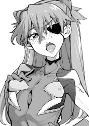  1girl absurdres bodysuit breasts covered_erect_nipples evangelion:_3.0_you_can_(not)_redo hand_on_own_chest hands_on_own_chest highres lips long_hair looking_at_viewer monochrome neon_genesis_evangelion plugsuit rebuild_of_evangelion sakula small_breasts solo souryuu_asuka_langley sweat tsundere two_side_up white_background 