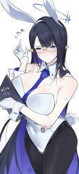 1girl alternate_costume animal_ears between_breasts black_hair black_pantyhose blue_archive blue_eyes blue_hair blue_necktie blush breasts character_name cleavage closed_mouth copyright_name fake_animal_ears fake_tail glasses gloves halo highres holding huge_breasts kuma_(jk0073) leotard long_hair multicolored_hair necktie necktie_between_breasts neckwear_between_breasts pantyhose playboy_bunny rabbit_ears rabbit_tail rin_(blue_archive) simple_background solo tail two-tone_hair very_long_hair white_background white_gloves white_leotard wrist_cuffs rating:Sensitive score:28 user:danbooru