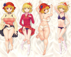 2girls aki_minoriko aki_shizuha ass barefoot blonde_hair blush bra breasts curvy dakimakura_(medium) ebizome feet female_focus flat_chest groin hair_ornament hat large_breasts leaf leaf_hair_ornament lineup looking_at_viewer looking_back lying multiple_girls nail_polish navel no_shoes on_stomach orange_hair panties parted_lips plump red_eyes ribs shiny_skin shirt short_hair siblings sisters skindentation smile socks soles taut_clothes taut_shirt thigh_gap toe-point toes touhou underwear underwear_only white_bra white_panties yellow_eyes rating:Questionable score:58 user:danbooru