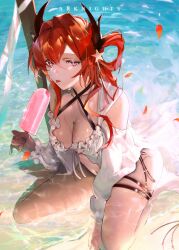  1girl absurdres arknights beach bikini breasts cleavage closed_mouth copyright_name food frilled_bikini frills full_body highres holding holding_food horns long_hair looking_at_viewer medium_breasts petals popsicle purple_eyes red_hair sitting solo summer surtr_(arknights) surtr_(colorful_wonderland)_(arknights) swimsuit tongue tongue_out waiomori wariza water white_bikini  rating:Sensitive score:7 user:danbooru