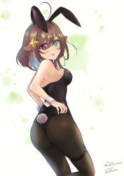  1girl absurdres alternate_costume animal_ears artist_name ass ass_focus back bare_shoulders black_leotard black_pantyhose blush braid breasts brown_eyes brown_hair cross-shaped_pupils embarrassed fake_animal_ears fake_tail feet_out_of_frame female_focus foot_up french_braid from_behind green_background green_eyes hands_on_own_hips hetero heterochromia highres indie_virtual_youtuber laitochris leaf-shaped_pupils leotard looking_at_viewer looking_back matching_hair/eyes medium_breasts medium_hair meica_(vtuber) mismatched_pupils open_mouth pantyhose playboy_bunny rabbit_ears rabbit_tail sideboob simple_background solo standing standing_on_one_leg strapless strapless_leotard symbol-shaped_pupils tail thigh_strap two-tone_background virtual_youtuber white_background white_wrist_cuffs wrist_cuffs  rating:Sensitive score:4 user:Only_Kemonomimi