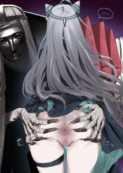  1boy 1girl absurdres animal_ears anus ass ass_spreading blue_archive cat_ears cleft_of_venus decensored grey_hair highres ie_(raarami) in_heat long_hair mask phrenapates_(blue_archive) pussy pussy_juice shiroko_(blue_archive) shiroko_terror_(blue_archive) skirt spread_anus spread_ass steam sweat sweat_drop third-party_edit third_party_edit uncensored upskirt 