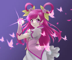  1girl bug butterfly butterfly_earrings closed_mouth cure_dream diffraction_spikes dress earrings egillust2 frilled_sleeves frills from_side gloves glowing_butterfly hair_ornament hair_ribbon hair_rings half_gloves highres insect jewelry long_hair looking_at_viewer magical_girl pink_dress pink_eyes pink_gloves pink_hair precure ribbon short_dress short_sleeves smile solo standing yellow_ribbon yes!_precure_5 yes!_precure_5_gogo! yumehara_nozomi 
