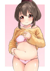 1girl absurdres bare_shoulders belly belly_grab blush bow bow_bra bra breasts brown_hair cleavage clothes_lift commentary_request cowboy_shot fur_bra fur_panties high_ponytail highres hori_yuko idolmaster idolmaster_cinderella_girls lifting_own_clothes light_frown long_hair long_sleeves looking_at_viewer medium_breasts navel off-shoulder off-shoulder_sweater off_shoulder outside_border panties pink_background pink_bow pink_bra pink_panties plump sidelocks skindentation solo sora_(silent_square) sweater sweater_lift tareme thigh_gap underwear yellow_sweater rating:Questionable score:40 user:danbooru