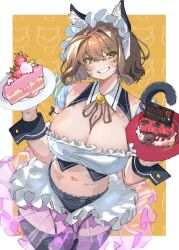1girl absurdres ahoge animal_ear_fluff animal_ears anis_(nikke) bell black_panties black_thighhighs bob_cut bomb border bra breasts brown_hair cake cake_slice cat_ears cleavage commentary countdown_timer cowboy_shot english_commentary explosive floral_print food frilled_bra frilled_panties frills fruit garter_straps goddess_of_victory:_nikke grin hair_between_eyes highres hii_(motorholic) holding holding_plate huge_breasts icing leaf looking_at_viewer maid maid_headdress navel neck_bell orange_background outside_border panties plate rose_print short_hair smile solo standing strapless strapless_bra strawberry strawberry_cake thighhighs time_bomb underwear whipped_cream white_border white_bra yellow_eyes