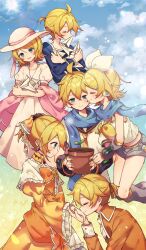  1boy 1girl absurdres aku_no_meshitsukai_(vocaloid) aku_no_musume_(vocaloid) allen_avadonia ascot bare_shoulders black_sailor_collar black_sleeves blonde_hair blue_eyes blue_scarf blue_shirt blue_sky bow brooch brother_and_sister brown_ribbon brown_vest choker closed_eyes cloud coat collared_coat collared_jacket collared_shirt crop_top detached_sleeves dress dress_bow earrings evillious_nendaiki floral_background flower_pot frilled_dress frilled_sleeves frills gem gradient_background grey_leg_warmers grey_sailor_collar grey_shorts grey_sleeves hair_between_eyes hair_bow hair_ornament hair_ribbon hairclip hat hat_ribbon headphones headset high_ponytail highres holding holding_flower_pot holding_paper_airplane holding_plant hunched_over jacket jewelry kagamine_len kagamine_rin kiss kissing_cheek kissing_hand kneeling leg_warmers light_blush long_dress long_sleeves looking_at_another looking_at_viewer midriff necklace necktie off-shoulder_dress off_shoulder open_mouth orange_bow orange_coat orange_dress orange_jacket petticoat pink_ribbon pink_shawl plant prison_clothes profile proof_of_life_(vocaloid) puffy_short_sleeves puffy_sleeves red_gemstone ribbon riliane_lucifen_d&#039;autriche sailor_collar sailor_shirt sazanami_(ripple1996) scarf shawl shirt short_hair short_ponytail short_sleeves shorts shuujin/kami_hikouki_(vocaloid) siblings sidelocks sky sleeveless sleeveless_shirt smile snow songover soundless_voice_(vocaloid) sprout sun_hat sundress swept_bangs twins updo vest vocaloid white_ascot white_dress white_hat white_shirt wide_sleeves yellow_bow yellow_choker yellow_dress yellow_nails yellow_necktie 