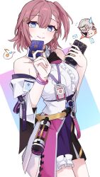  1boy 1girl absurdres arlan_(honkai:_star_rail) asta_(honkai:_star_rail) awe_(adorableduckyy) bare_shoulders belt blue_eyes breasts bright_pupils cellphone commentary_request cowboy_shot credit_card detached_sleeves dog highres holding holding_phone honkai:_star_rail honkai_(series) korean_commentary lanyard medium_breasts miniskirt one_side_up peppy_(honkai:_star_rail) phone pink_hair shirt short_sleeves skirt sleeveless sleeveless_shirt smartphone standing white_background white_pupils white_shirt yellow_belt 