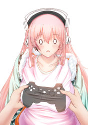  0_0 1girl bad_id bad_pixiv_id blush breasts controller dualshock game_controller gamepad grabbing grabbing_another&#039;s_breast headphones highres hoshi_yoshimi large_breasts long_hair looking_at_viewer nitroplus o_o open_mouth pink_hair playstation_controller simple_background solo_focus super_sonico triangle_mouth wide_oval_eyes 