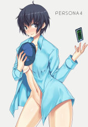  1girl atlus blue_eyes blue_hair blush breasts cabbie_hat card cleavage darabuchi floating_card groin hat holding holding_clothes holding_hat large_breasts matching_hair/eyes naked_shirt navel persona persona_4 shirogane_naoto shirt short_hair smile solo unworn_hat unworn_headwear  rating:Questionable score:48 user:danbooru