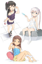 3girls ;d adachi_tenka arm_up bad_id bad_pixiv_id bare_arms bare_shoulders barefoot bed_sheet black_legwear blue_camisole blue_eyes blush breasts brown_eyes brown_footwear brown_hair camisole closed_mouth collarbone dress food forehead hair_between_eyes hair_bobbles hair_ornament hair_ribbon hand_up heart heart-shaped_pillow highres holding holding_food holding_microphone komako_semenovich layered_skirt loli long_hair looking_at_viewer microphone multiple_girls noria off-shoulder_shirt off_shoulder one_eye_closed one_side_up open_mouth panties panty_pull pee peeing peeing_self pillow pink_ribbon pleated_skirt popsicle purple_shirt purple_shorts ribbon rock sayama_chie see-through shirt shoes short_shorts short_sleeves shorts shoujo_ramune silver_hair sitting skirt sleeveless sleeveless_dress small_breasts smile socks stained_panties standing standing_on_one_leg sundress tan tanline tears twintails underwear uwabaki v_over_eye very_long_hair water wet wet_clothes wet_dress white_background white_dress white_footwear white_legwear white_panties x_hair_ornament yellow_skirt rating:Questionable score:216 user:danbooru
