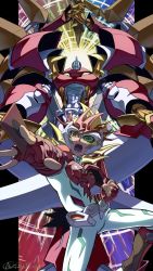 1boy absurdres armor belt blonde_hair card clenched_hand commentary d-gazer duel_monster extra_arms fingerless_gloves gloves headgear highres holding holding_card holding_sword holding_weapon knee_up looking_at_viewer male_focus mecha multicolored_hair number_c39_utopia_ray open_mouth red_armor red_eyes red_gloves red_hair robot spiked_hair sword tsukumo_yuma weapon yellow_eyes yu-gi-oh! yu-gi-oh!_zexal zealmaker