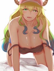 10s 1girl all_fours bad_id bad_pixiv_id bare_shoulders baseball_cap bed_sheet black_eyes blonde_hair blue_hair blush breasts cleavage collarbone commentary covered_erect_nipples downblouse dragon_girl dragon_horns gradient_hair green_eyes hanging_breasts hat heterochromia highres horns huge_breasts kobayashi-san_chi_no_maidragon large_breasts long_hair looking_at_viewer lucoa_(maidragon) multicolored_hair open_mouth shiny_skin shorts simple_background slit_pupils smile solo strap_slip tank_top teeth tongue white_background yanagi_(aku-se) yellow_pupils rating:Sensitive score:118 user:danbooru